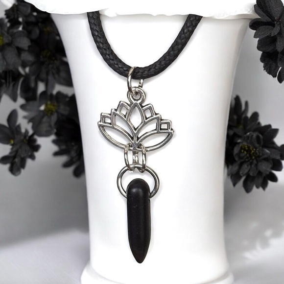5 For $25💫Silver Lotus Flower With a Black Spike Necklace - Picture 3 of 3